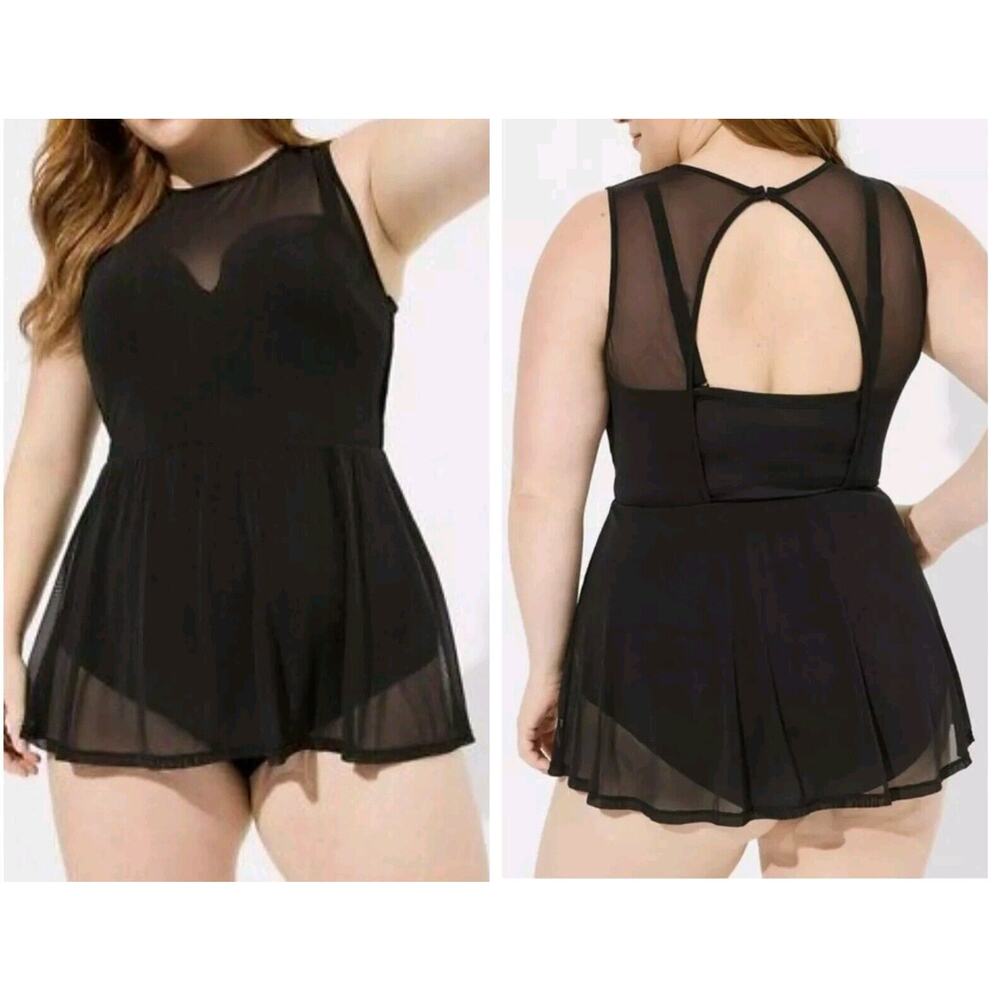 Plus Size Black Mesh Skirted One-Piece Swimsuit